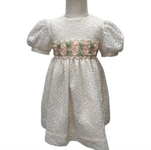 Vintage Lace Flower Girl Dress 4T Ivory Puff Sleeve Wedding Toddler Sylvia Whyte